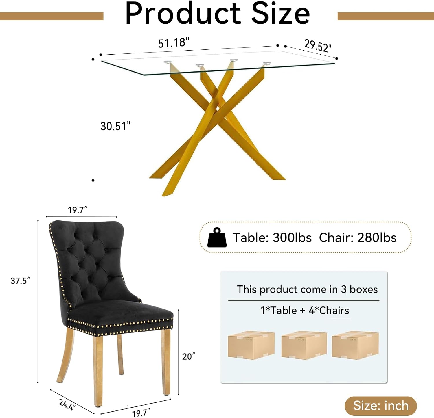 51' Modern Dining Table Set for 4, Rectangular Tempered Glass Dining Table and 4 Black Velvet Dining Chairs, Luxury 5 Piece Kitchen Dining Room Tables Set with Gold Chrome Metal X-Base