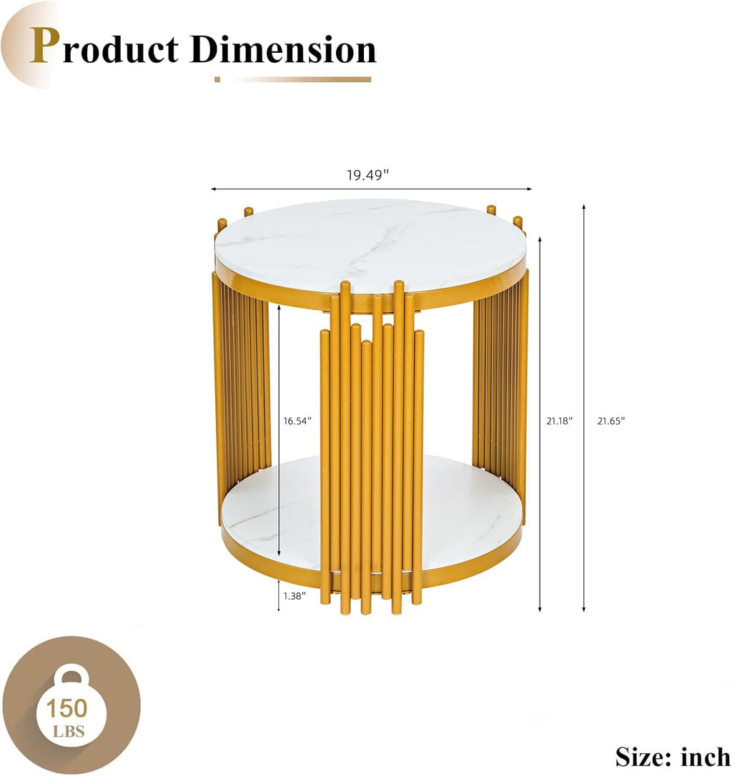 Round Marble Side Table Set of 2 Luxury 2-Tier End Table with Gold Metal Frame Modern Living Room Table Elegant White Nightstand Sofa Side Table with Storage Shelves