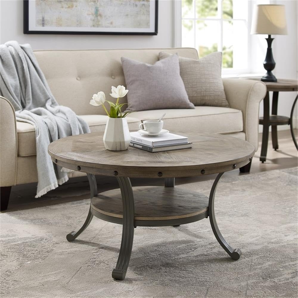 Pemberly Row Round Coffee Table, 36' Wood and Metal, Pewter and Champagne Finish, Inlay Patterned Top, Lower Shelf, Transitional Style Living Room Furniture