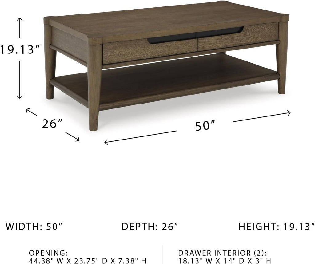Signature Design by Ashley Roanhowe Contemporary 2-Drawer Coffee Table with Open Lower Shelf and Tapered Legs, Dark Brown