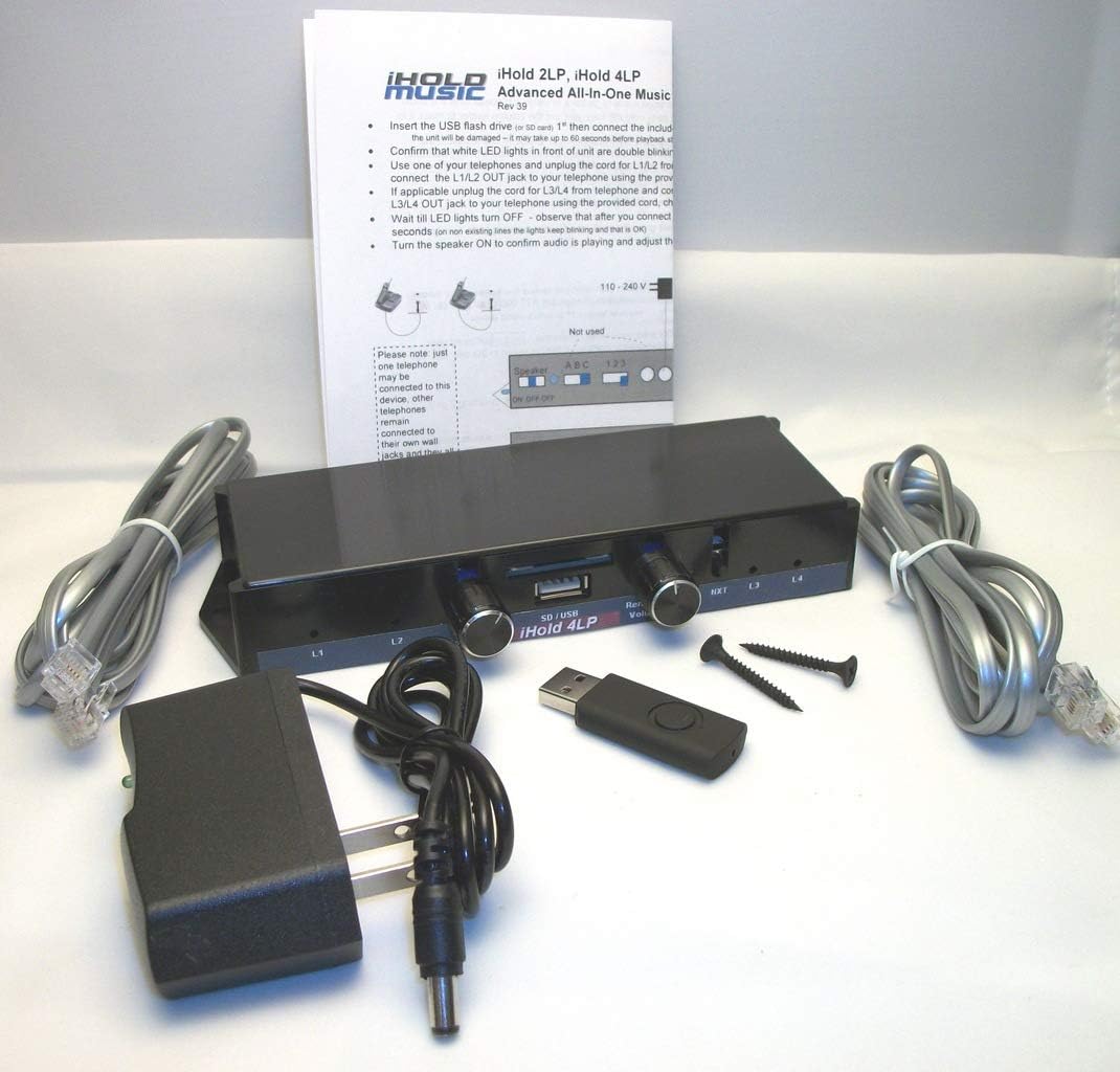iHold A4LP 4-Line Music On Hold Player system for all corded or cordless 2 line or 4 line telephones, 'All-In-One' Music On Hold adapter plus mp3 On-Hold Music Player