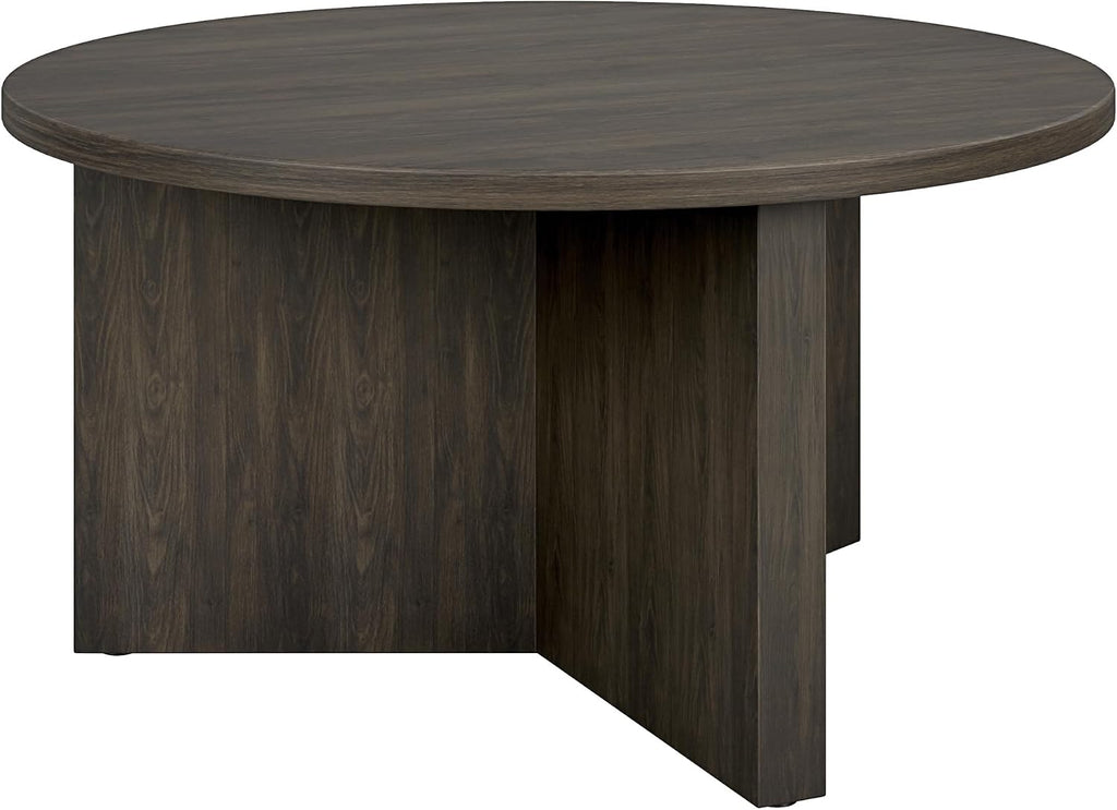 Henn&Hart 32' Round Pedestal Coffee Table for Living Room, Family Room, Office, or Apartment, Rich Brown