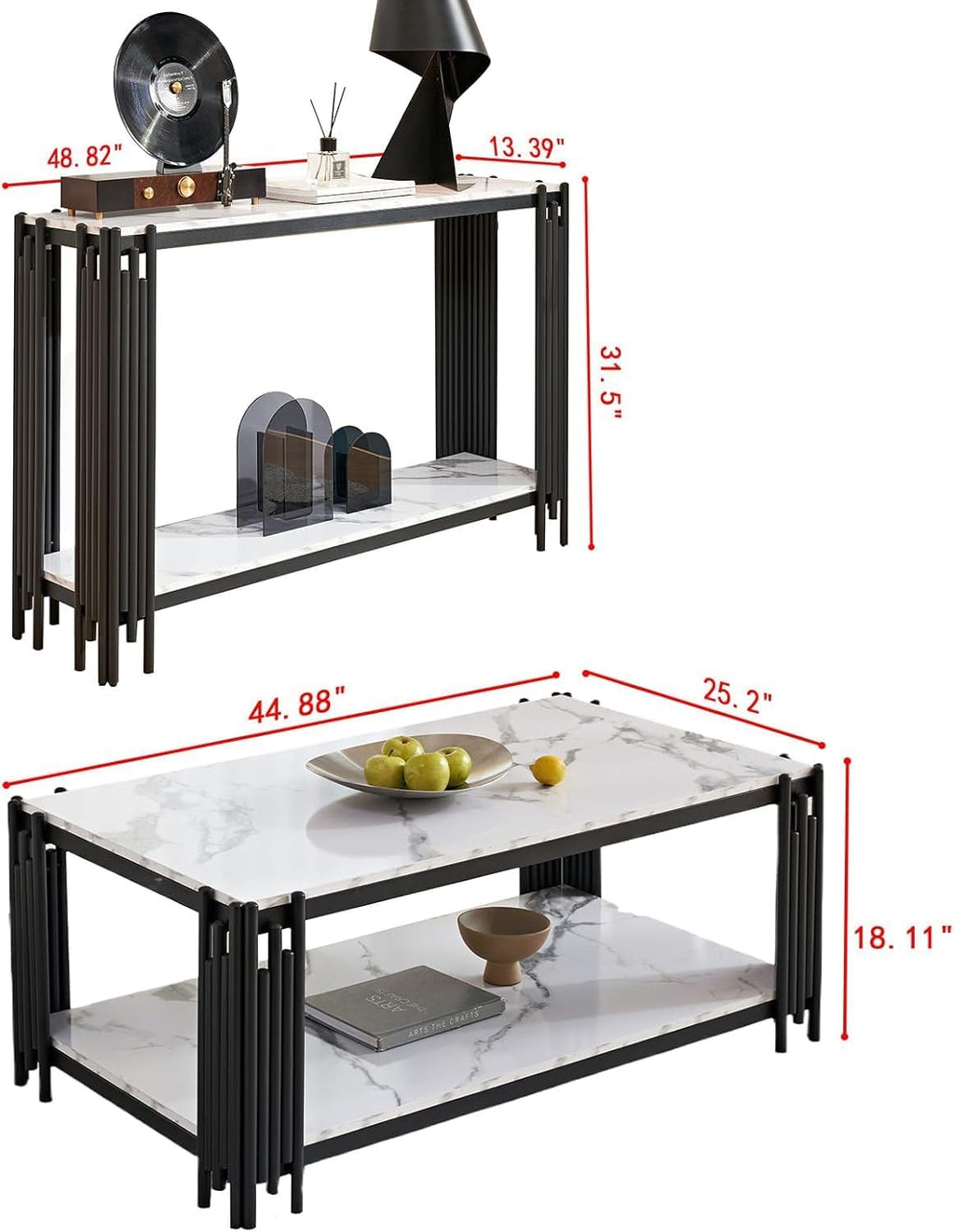 White Marble Coffee Table Set of 2 - Faux Marble Coffee and Console Tables With Chrome Metal I-Base, Luxury 2 Piece Living Room Set for Bedroom Home Office