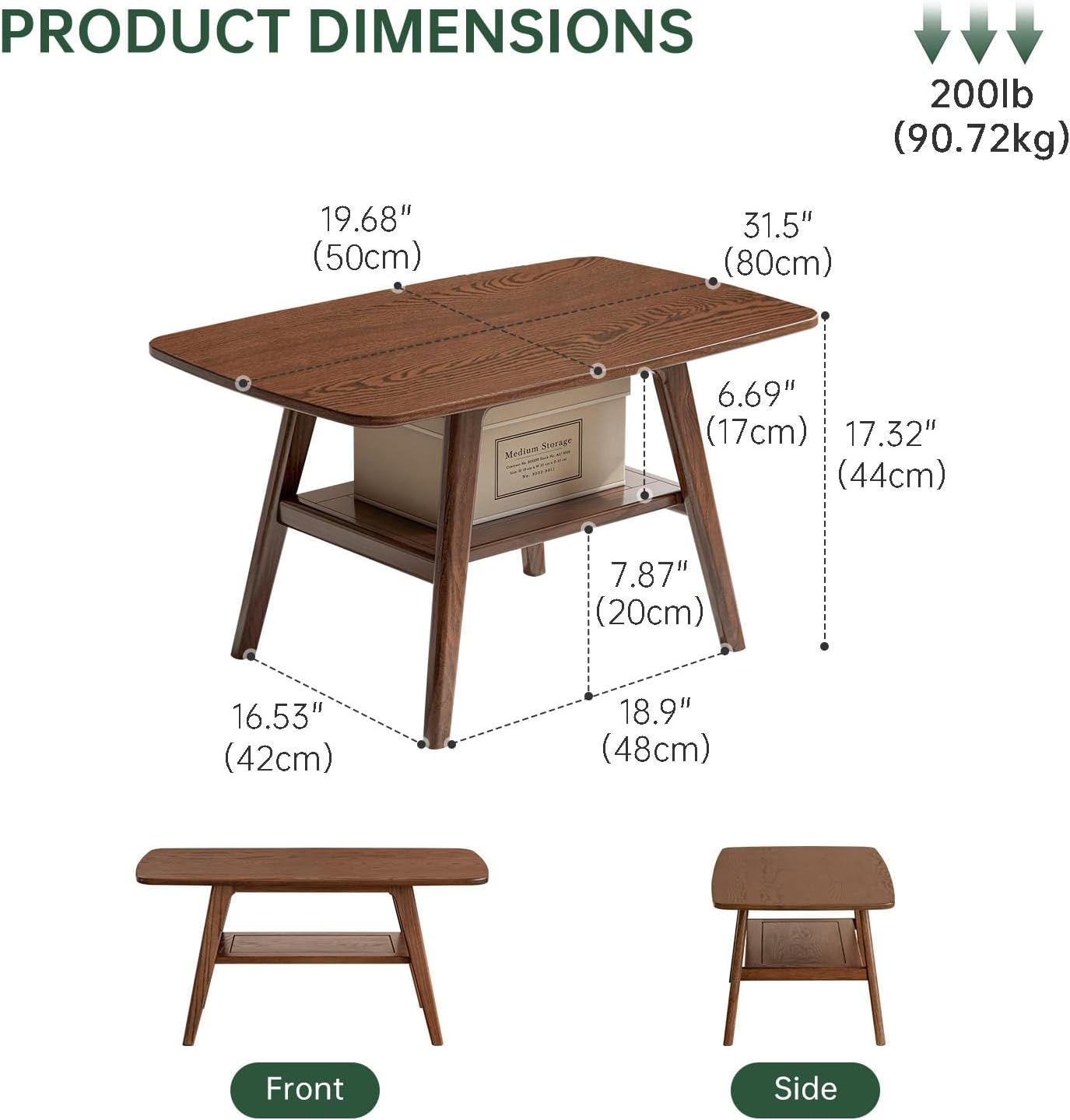 100% Solid Wood Coffee Table for Living Room, 31.5' Small Tables with Shelf Storage, Mid Century Modern Storage Coffee Table with Rounded Corners (Oak Wood Walnut Color)