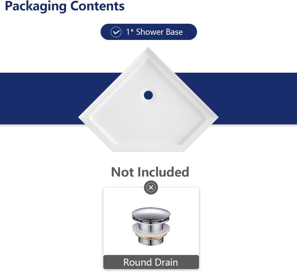 DeerValley 36'L X 36'W Neo-Angle Shower Base, White Single Threshold Acrylic Corner Shower Base, Non-Slip Textured Surface Bathroom Shower Floor Pan