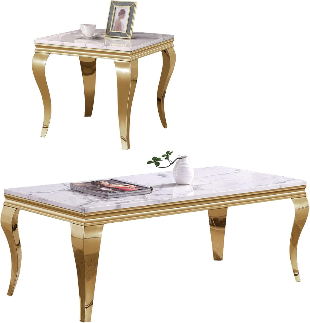 White Marble Coffee Table Set of 2, Modern Faux Marble Coffeee Table and End Side Table, Luxury 2 Piece Living Room Table Set with Gold Stainless Steel S-Shape Legs for Apartment Home Office
