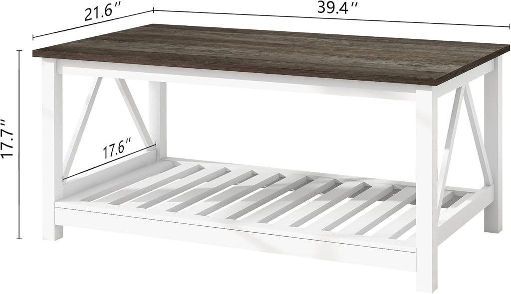 Farmhouse Coffee Table and End Table Set for Living Room, 2-Tier Wooden Living Room Table Set with Slats Base, Dark Oak