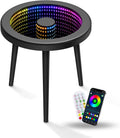 HANYEE Small Circle Coffee Table, Infinity Mirror Table, Small Round Side Table, for Home Living Room, Office,Tempered Glass Surface with RGB LED Lighting Smart Control, Office and Bedroom-Black