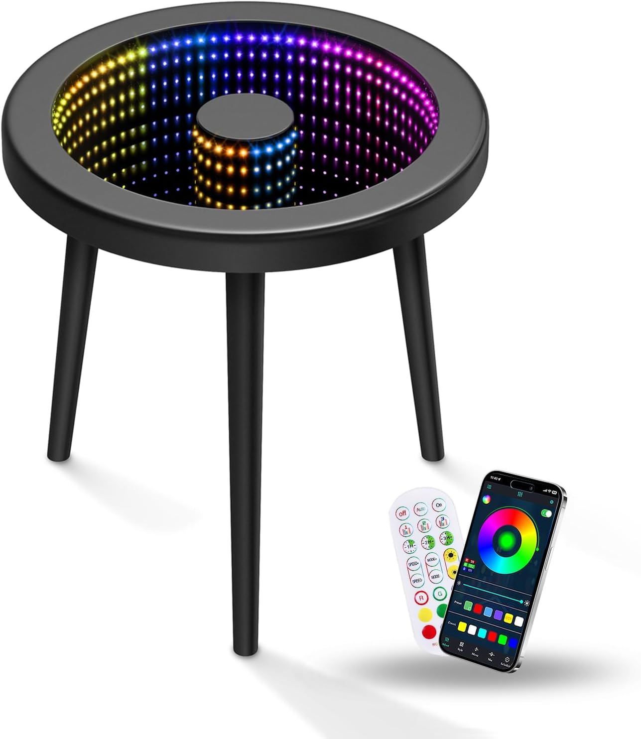 HANYEE Small Circle Coffee Table, Infinity Mirror Table, Small Round Side Table, for Home Living Room, Office,Tempered Glass Surface with RGB LED Lighting Smart Control, Office and Bedroom-Black