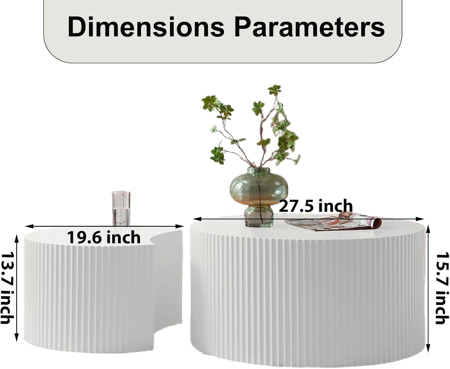 Nesting Coffee Table Set of 2 Wood Circle Drum Coffee Tables Set Contemporary Fluted Coffee Table Round Wooden Coffee Tables for Living Room & Small Space ((Cream, 27.5 +19.6in)