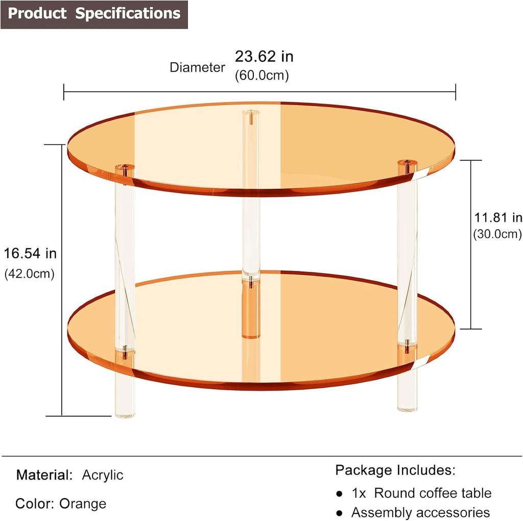 Acrylic Round Coffee Table, 23.6' Wide Modern Tea Table with Storage Shelf, 2-Tier Circle Center Table for Living Room, Office Reception and Apartment (Orange)