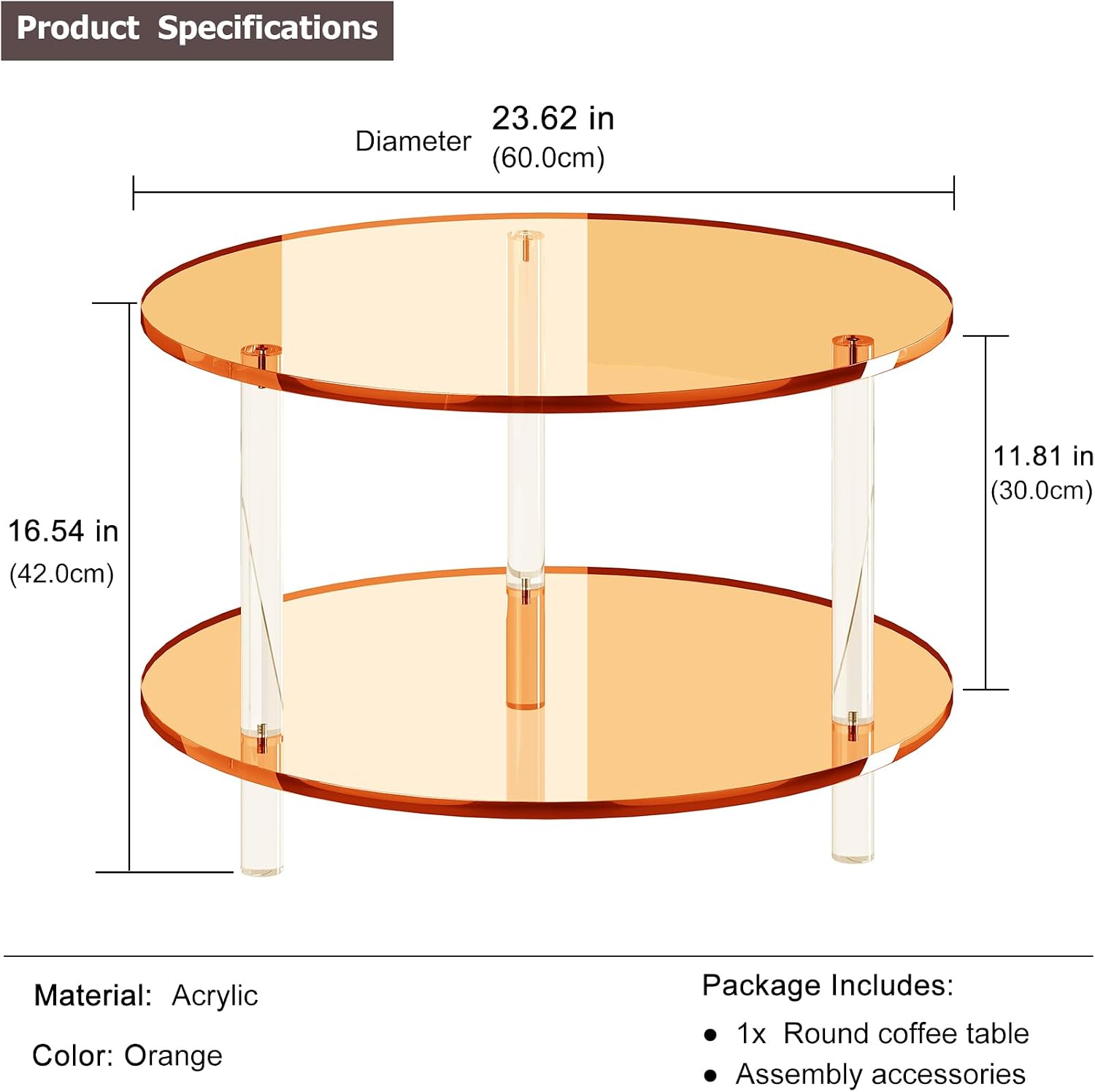 Acrylic Round Coffee Table, 23.6' Wide Modern Tea Table with Storage Shelf, 2-Tier Circle Center Table for Living Room, Office Reception and Apartment (Orange)