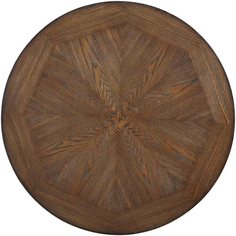Pemberly Row Rustic Round Wood and Metal Coffee Table, Oak Veneer Top, Rustic Umber Brown Finish, Antique Brass Nailheads, 36 in x 36 in x 19 in, Sturdy Metal Base with Shelf for Living Room Use