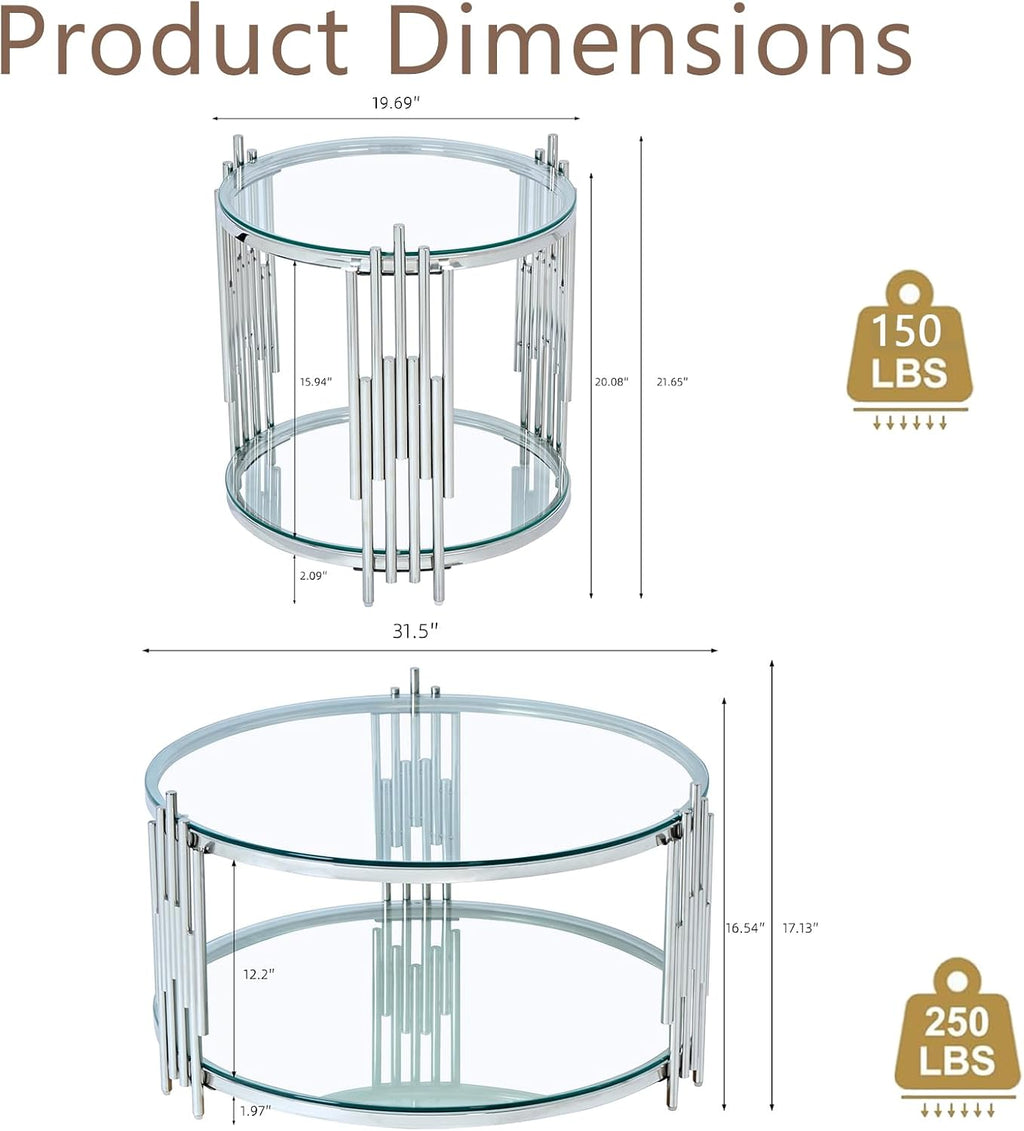 2 Piece Round Glass Coffee Table Set of 2, 31.5' Circle Coffee Table and End Tables Set with Silver Stainless Steel Frame, Modern 2-Tier Clear Silver Living Room Table Set for Home Office
