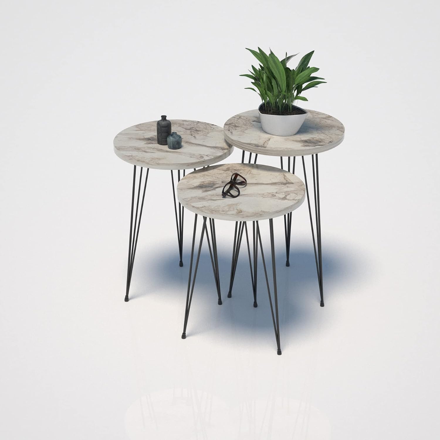Set of 3 White Marble Nesting End Tables Round Wood Stacking Coffee Side Accent Table with Metal Legs for Living Room, Home Office, Nightstands for Bedroom