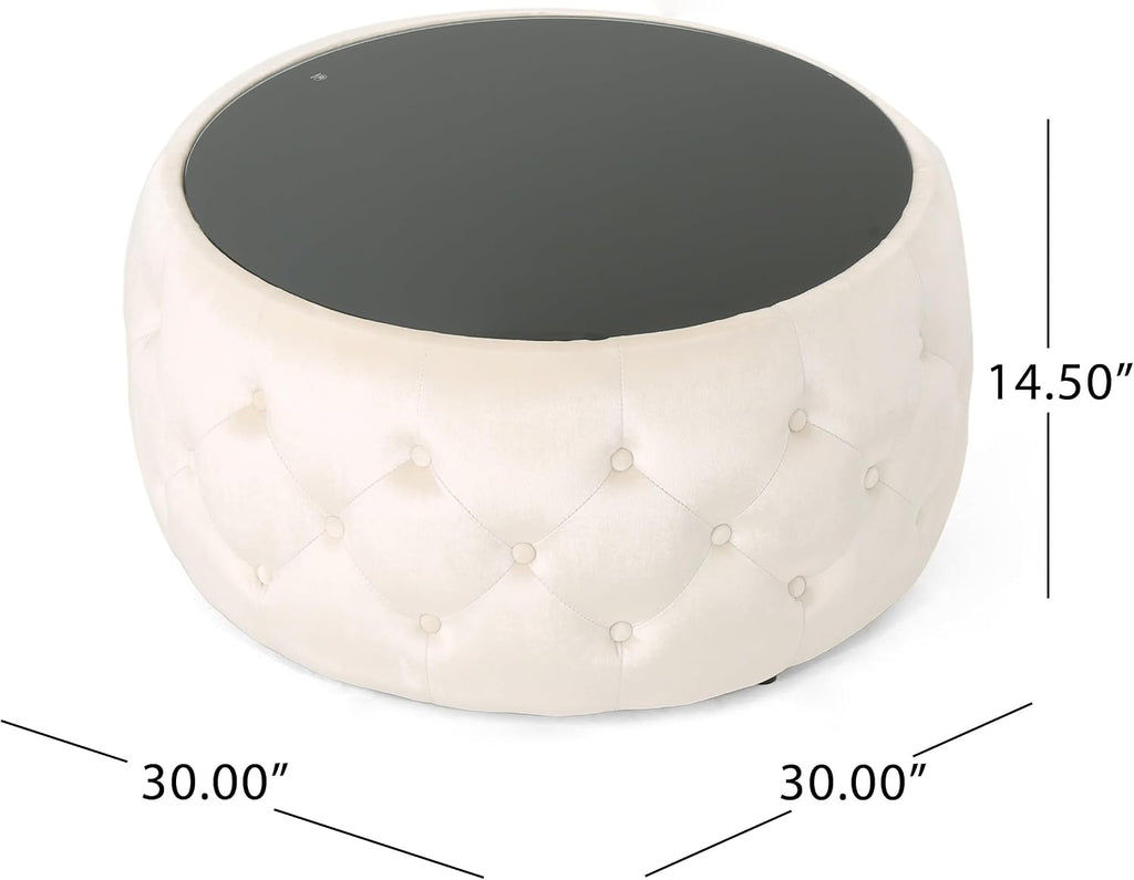 30' Round Velvet Ottoman Coffee Table, Button Tufted Coffee Table with Tempered Glass Top Modern Upholstered Tufted Velvet Cocktail Center Table for Living Room, Fully Assembled (Beige)