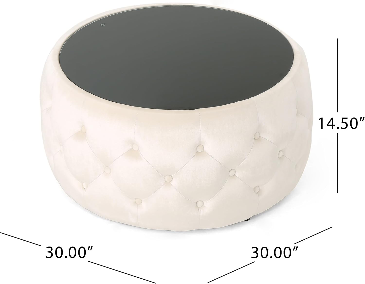 30' Round Velvet Ottoman Coffee Table, Button Tufted Coffee Table with Tempered Glass Top Modern Upholstered Tufted Velvet Cocktail Center Table for Living Room, Fully Assembled (Beige)