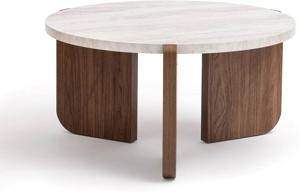 HOMPUS 31.5' Farmhouse Round Coffee Table, Wooden Coffee Table with Faux Marble Tabletop, Modern Living Room Circle Center Table, End Table for Living Room, Apartment, Easy Assembly (White + Brown)
