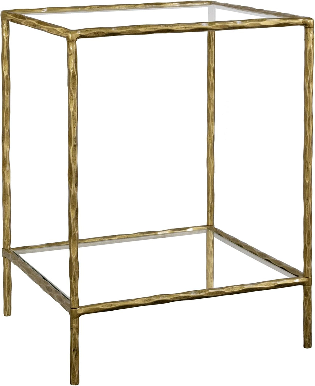 BEGINS Hand Forged Side Table 2 Tier, Vintage End Table Glass Top Coffee Table, Accent Table with Solid Hammered Frame, Suitable for Living Room, Bedroom, Study Room, Entryway (Gold, Square)