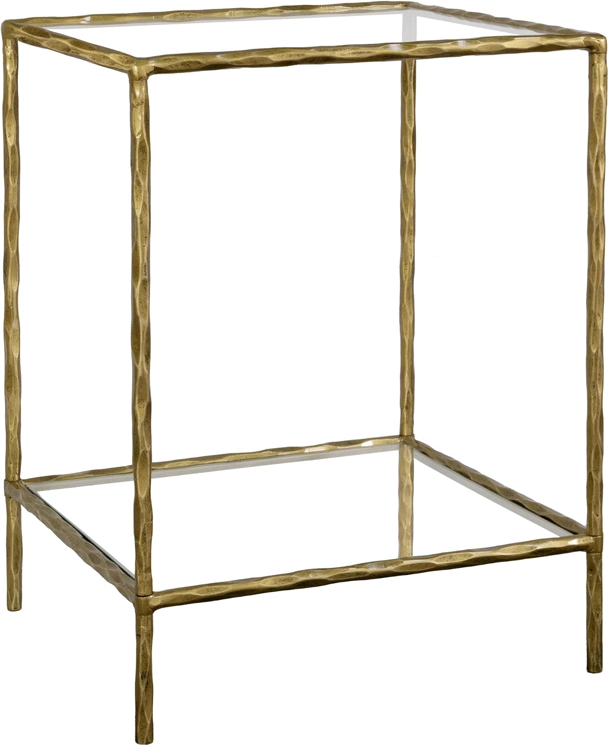 BEGINS Hand Forged Side Table 2 Tier, Vintage End Table Glass Top Coffee Table, Accent Table with Solid Hammered Frame, Suitable for Living Room, Bedroom, Study Room, Entryway (Gold, Square)
