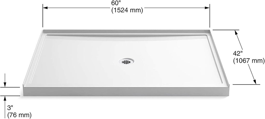 KOHLER K-8659-0 Rely 60' x 42' Acrylic Alcove Shower Base with Single-Threshold, Molded-In Textured Floor, Center Drain, White