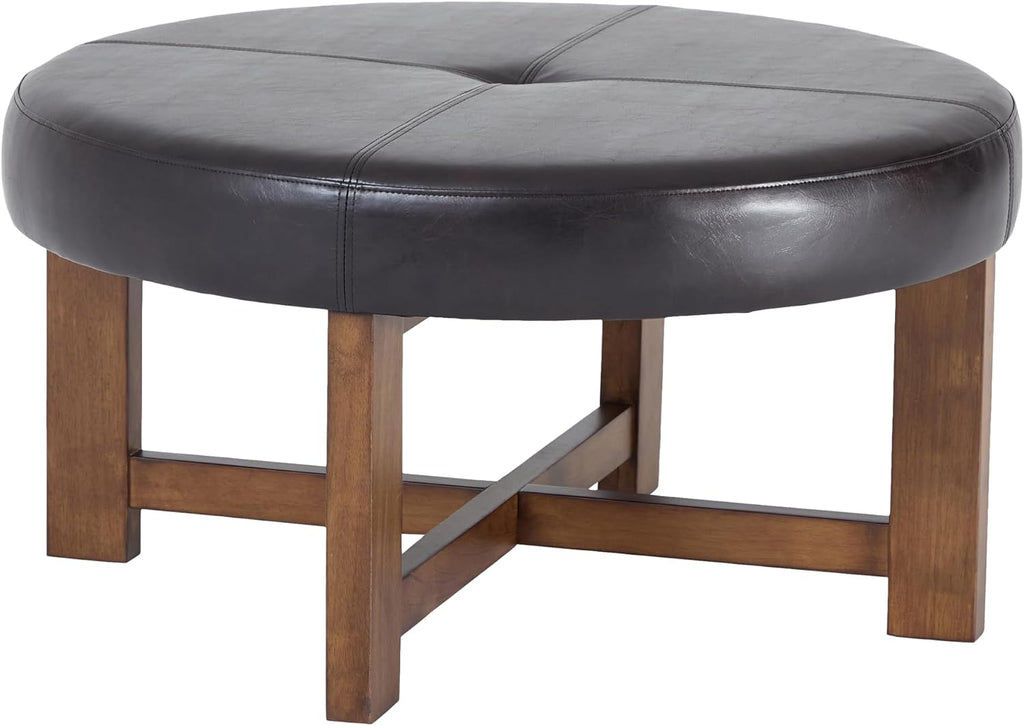 Christopher Knight Home Ladin Modern Round Ottoman Coffee Table, Faux Leather Cocktail Ottoman for Living Room Sofa, Entryway Comfortable Footstool, Wooden Ottoman Foot Rest, Dark Brown+Walnut