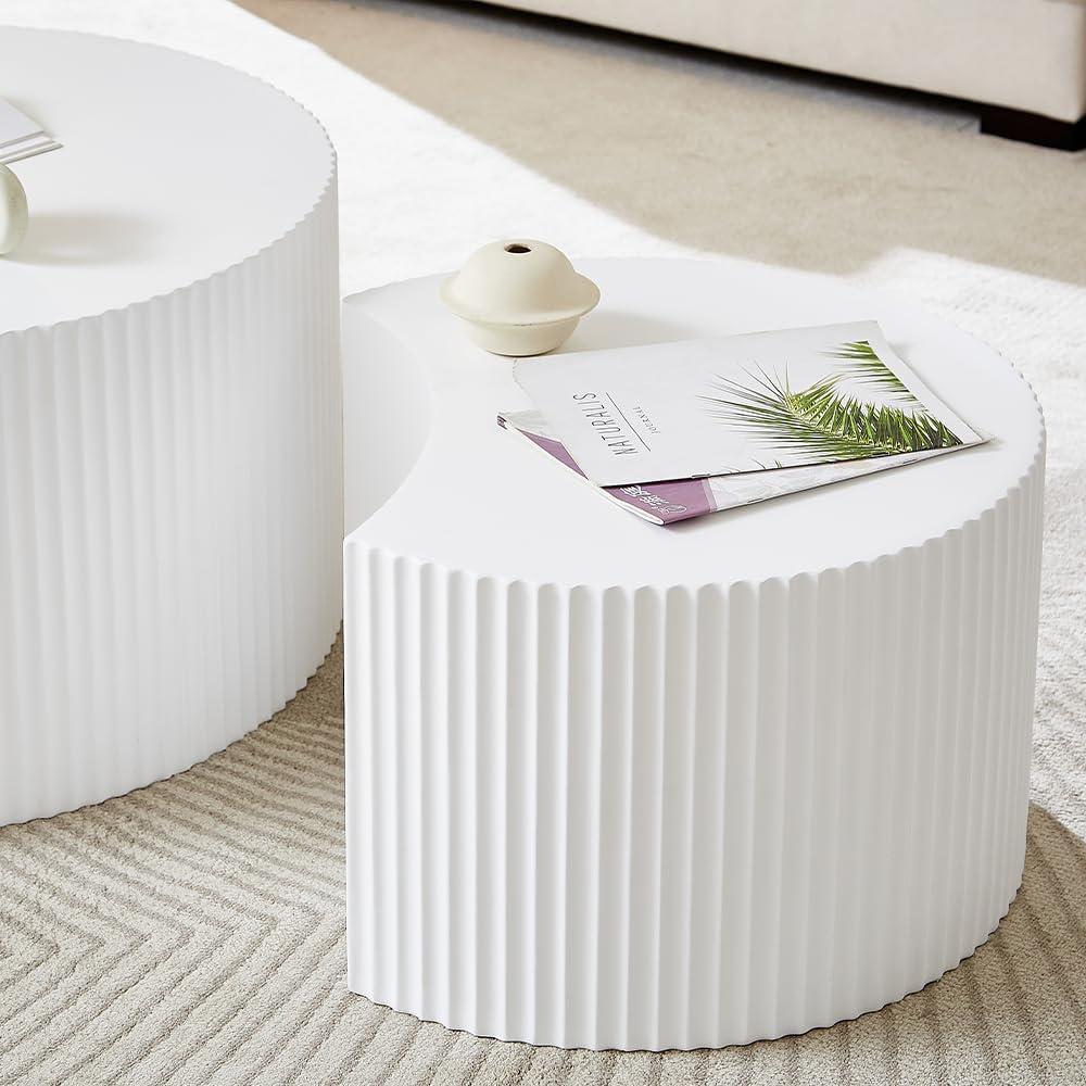 WILLIAMSPACE Nesting Coffee Table Set of 2, Round & Crescent Moon Wooden Coffee Tables, Modern Luxury Accent End Tea Table for Living Room Apartment (White-Round)