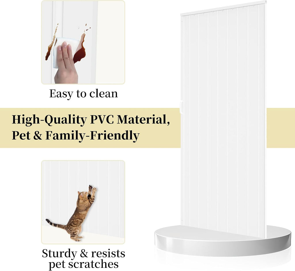 36'' x 80'' Accordion Door Interior, White PVC Powerful Magnetic Folding Door and Hardware Kit Included, Multifold Bifold Closet Doors for Closet Bathroom Doorway 24-36'' x 80'' - Single Layer
