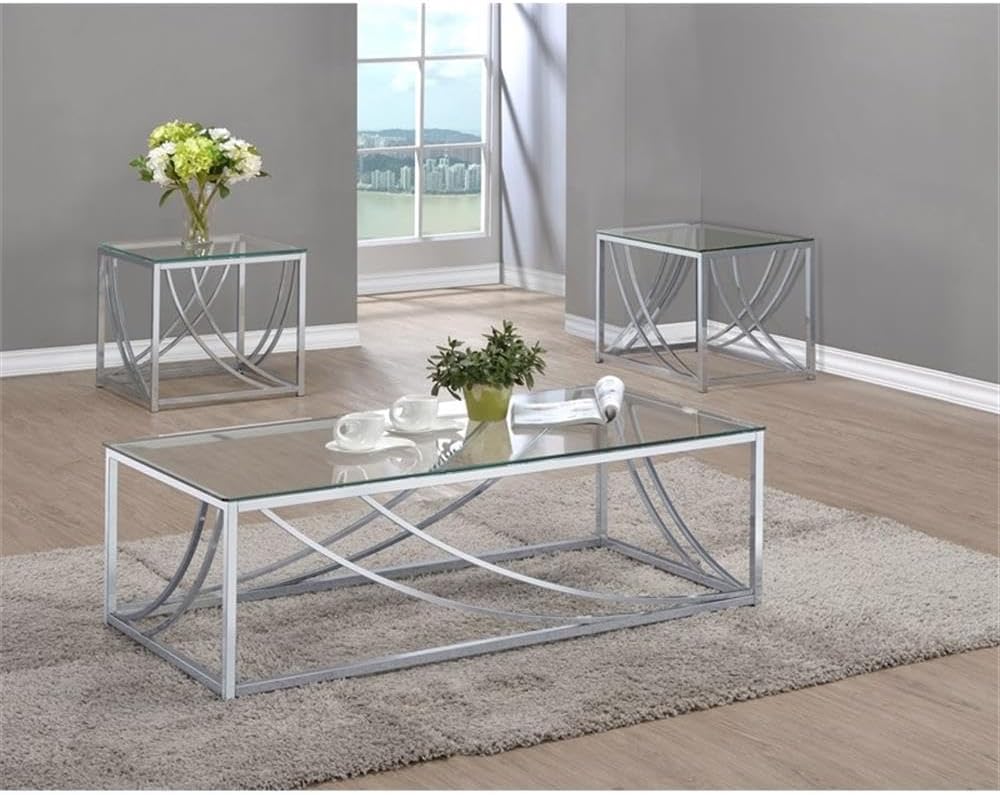 Pemberly Row 3-Piece Glass Coffee and End Table Set, Tempered Glass Top, Chrome-Finished Metal Frame, Sleek Modern Design, Coffee Table 47.25 x 23.5 x 17 in, End Tables 19.75 x 19.75 x 19.25 in