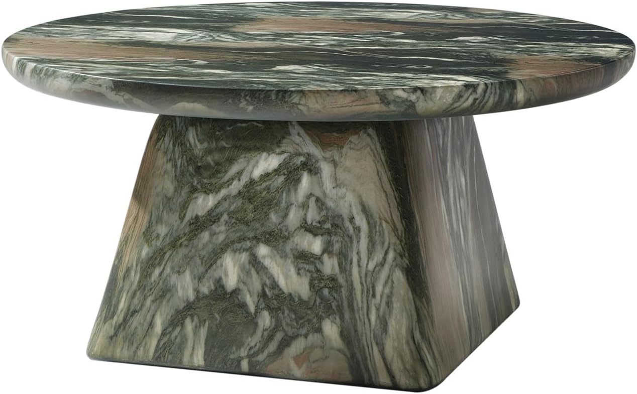 HULALA HOME Modern 31.88' Round Coffee Table with Stone-Look Finish and Sculpted Pedestal Base, Stylish Living Room Center Table(Green)