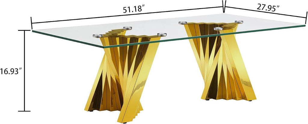 Henf Gold Glass Coffee Table with Mirrored Stainless Steel Base, 51' Rectangle Modern Living Room Cocktail Table for Home Office