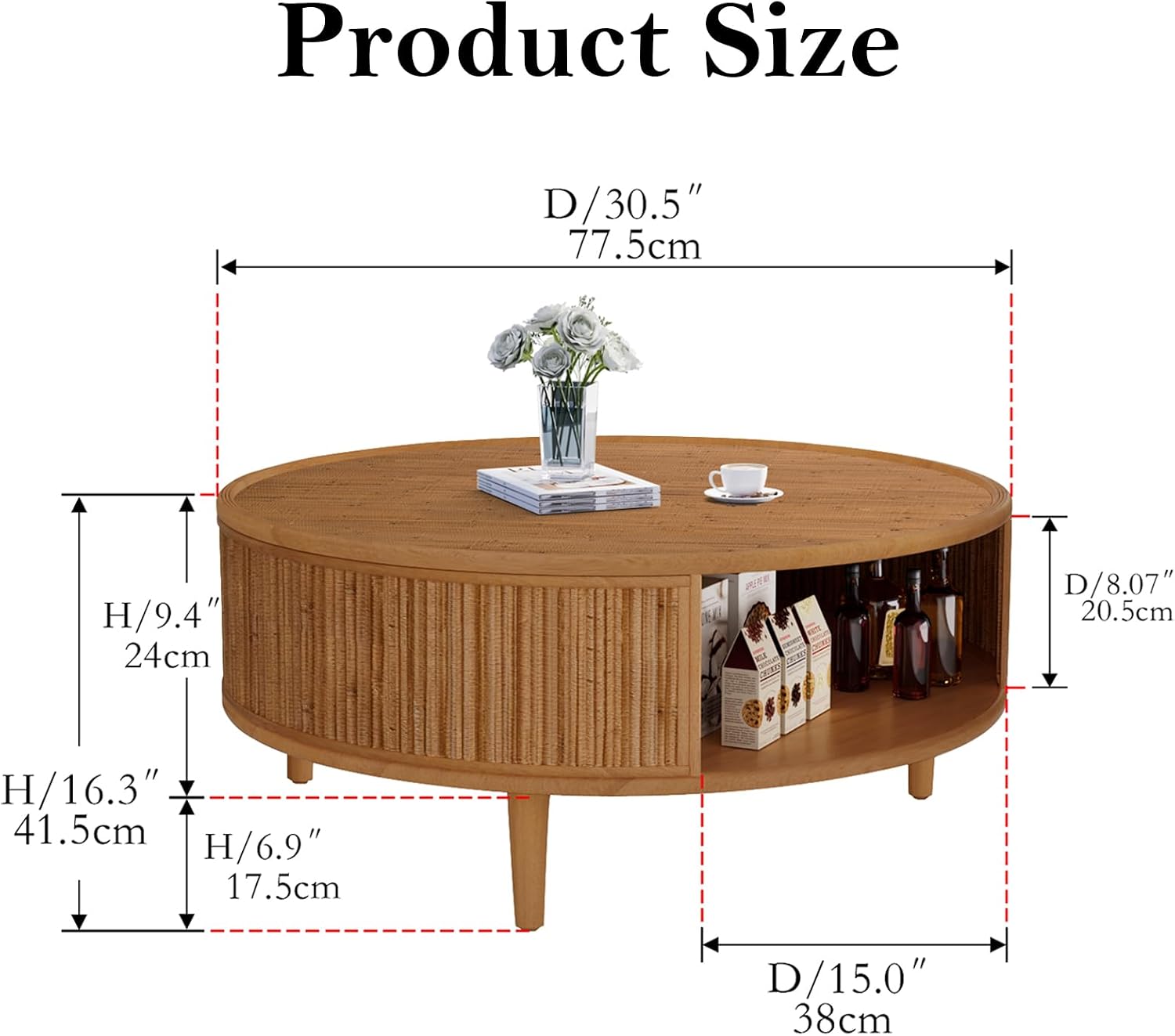 30.5' Round Coffee Table with Storage, Rustic Circle Center Table with Bamboo Woven Tabletop and 3 Anti-Skid Solid Wood Legs for Small Space Easy Assemble (B 30.5in)