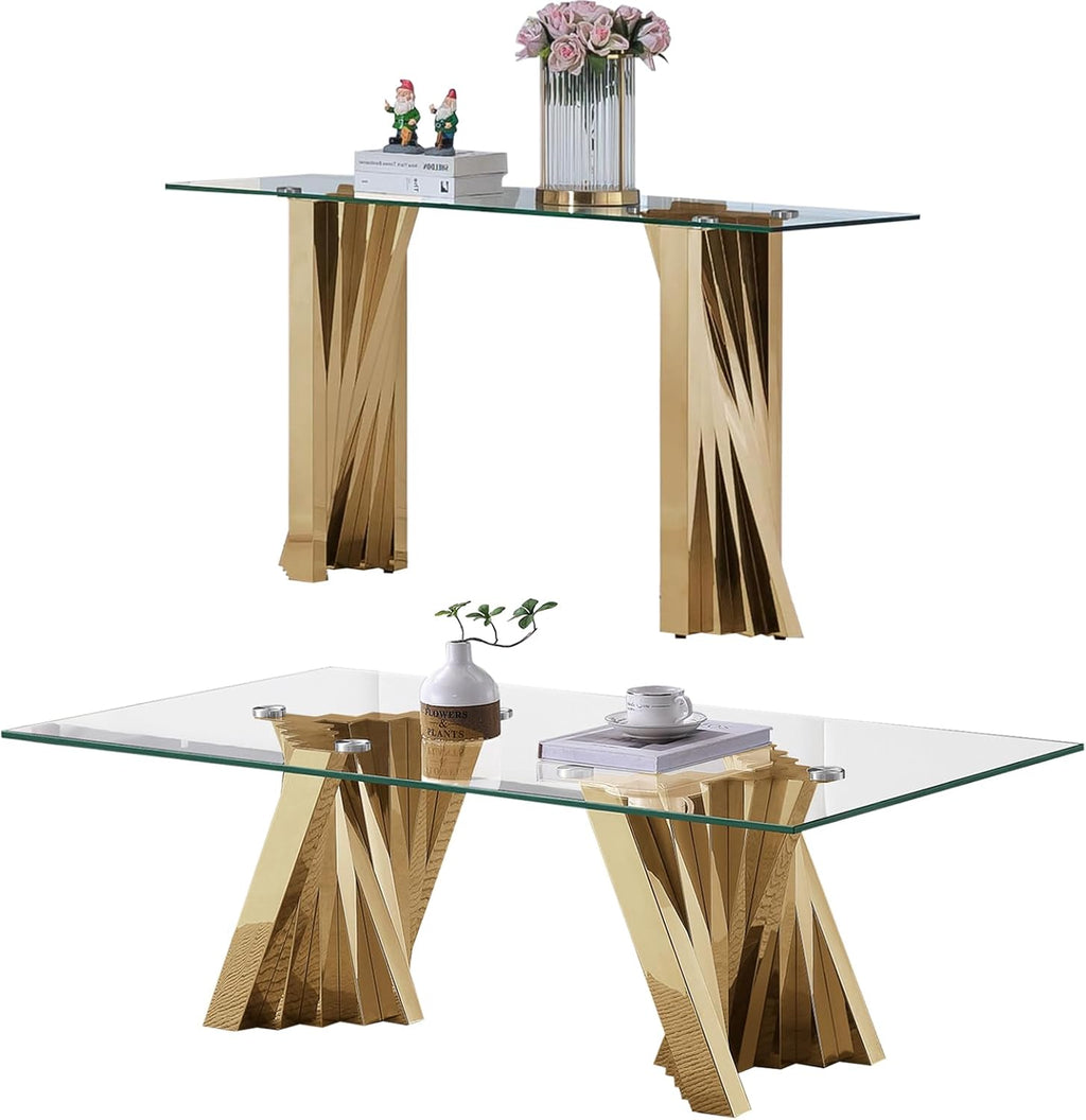 2 Pieces Modern Living Room Table Set, Glass Coffee Table & Console Table with Flash-Shaped Stainless Steel Base (Gold)