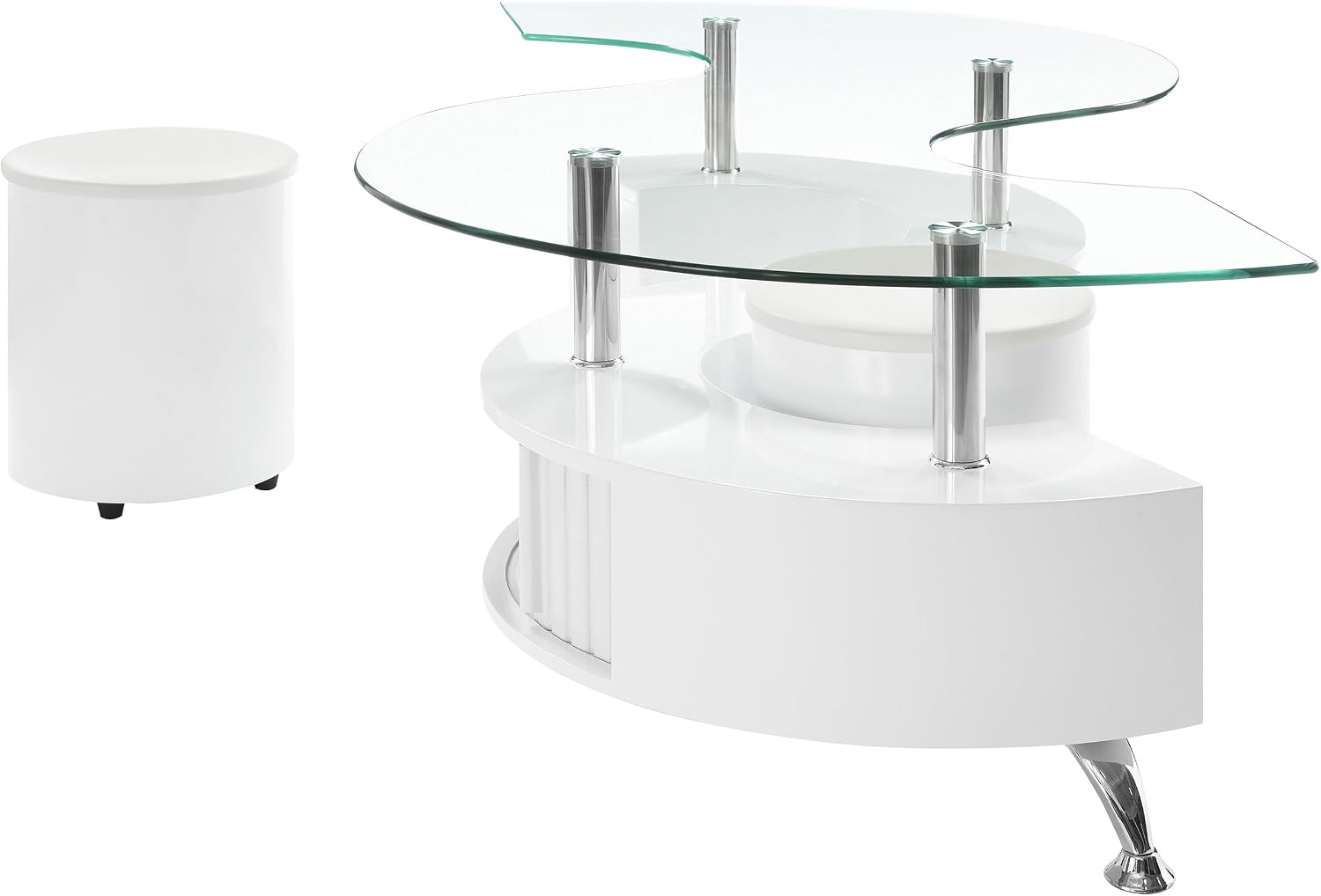 Coaster Home Furnishings - Buckley - Wood and Glass - 3-Piece Coffee Table and Stools Set - Curved Serpentine Shape, Faux Leather Upholstered Stools - Living Room - 51-Inch - White High Gloss - 703400
