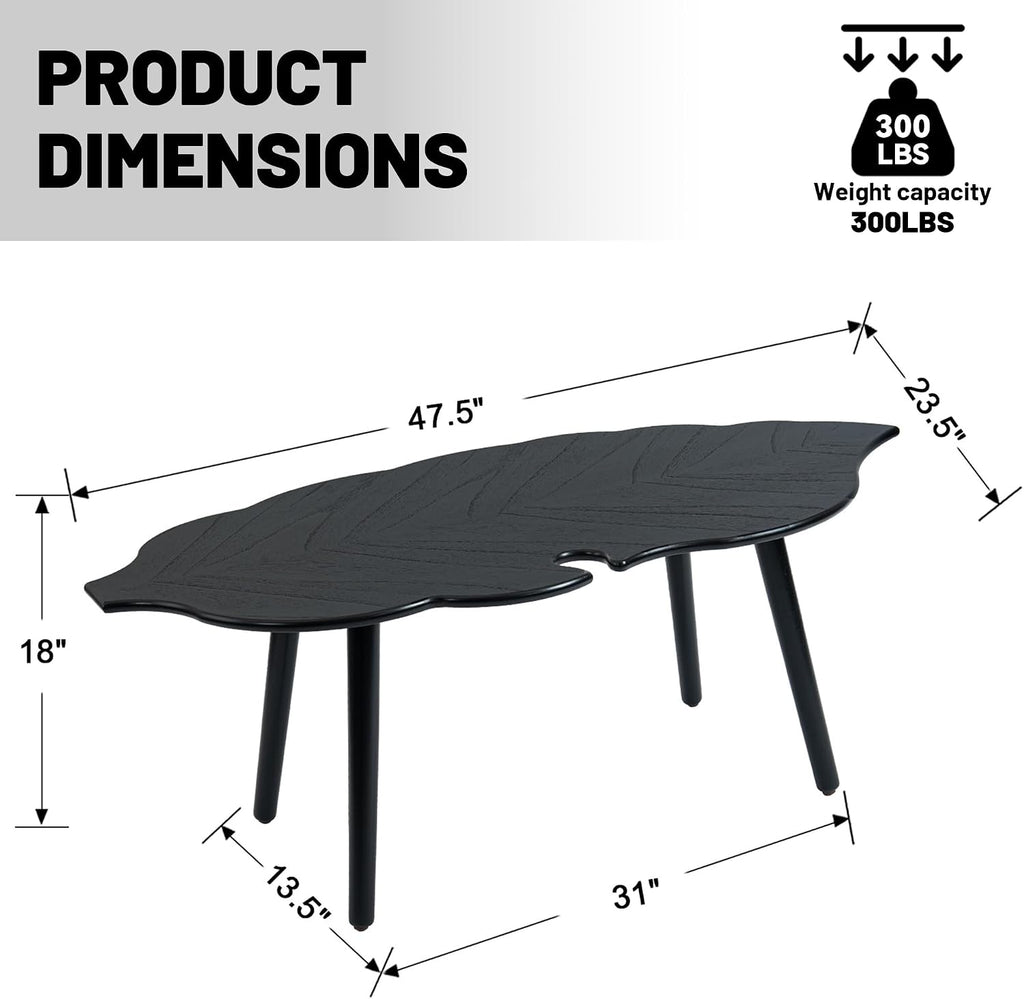 HNY Modern Coffee Table for Living Room, Black Wood Coffee Table Farmhouse Center Table Vivid Leaf Table End Table with Rustic Grain Side Table with Wood Leg for Bedroom Office Cafe Small Space