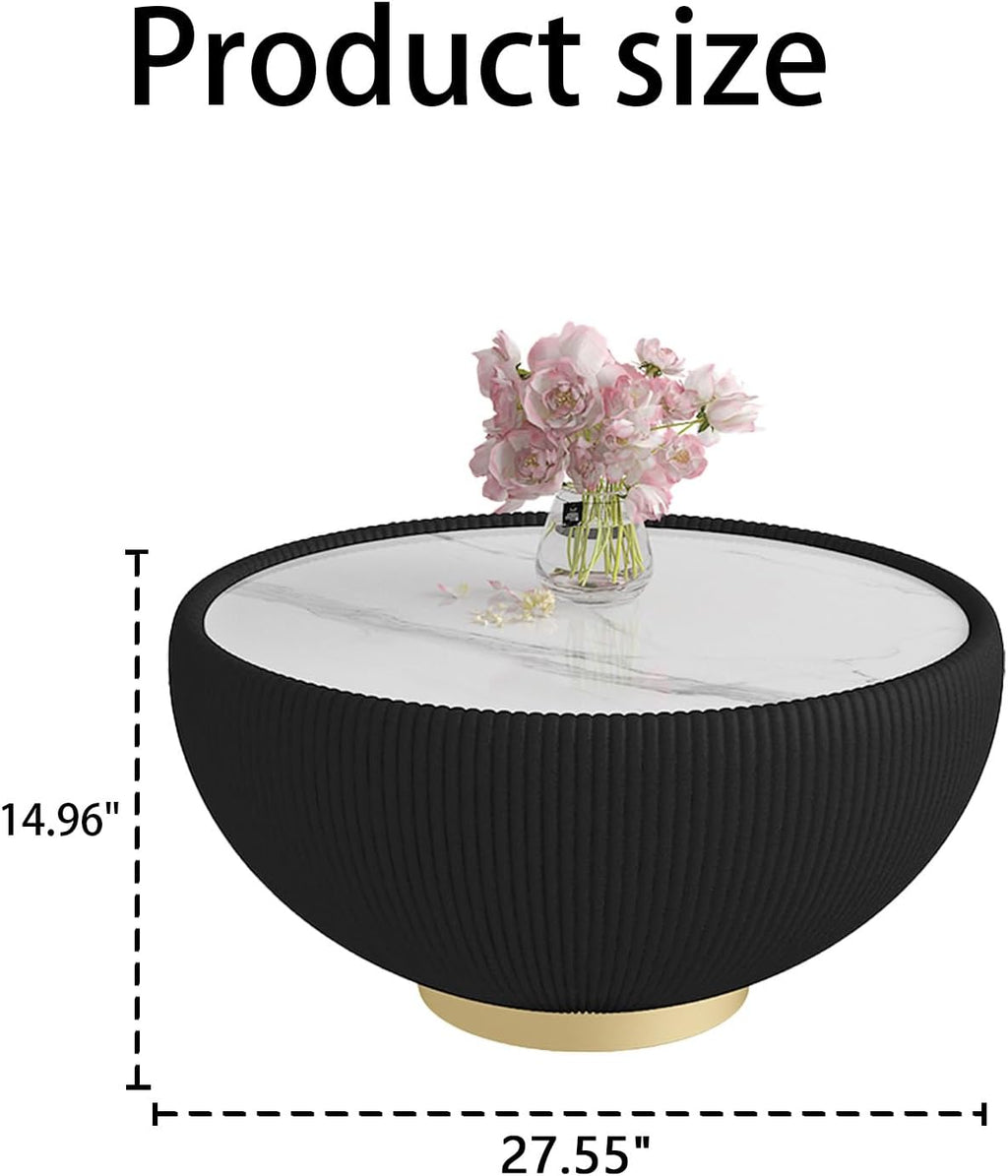 27.55' Round Marble Coffee Table,Black Fluted Coffee Table w/White Sintered Stone Top & PU Leather Covered & Gold Metal Base Modern Bucket Shaped Coffee Cocktail Center Tables for Living Room