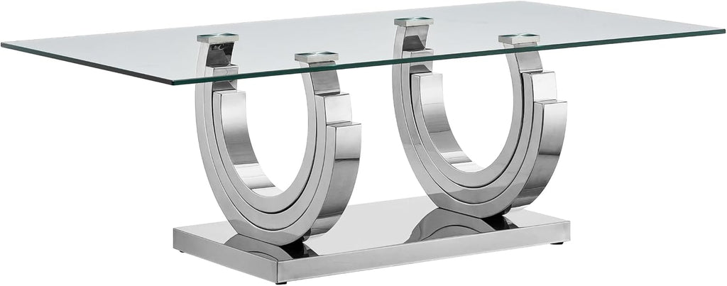 1 Piece Living Room Coffee Table Luxury Glass Center Table, Modern Silver Coffee Table with C-Shape Stainless Steel Pedestal Base