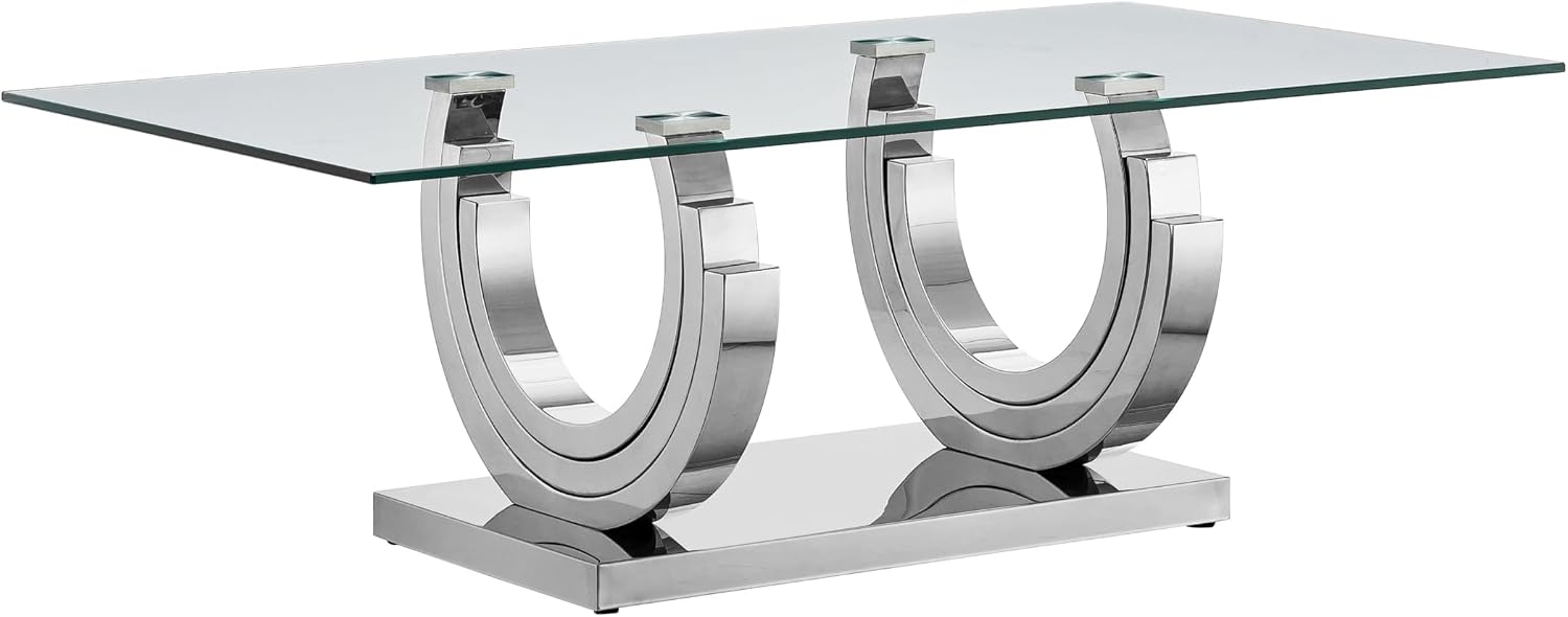 1 Piece Living Room Coffee Table Luxury Glass Center Table, Modern Silver Coffee Table with C-Shape Stainless Steel Pedestal Base