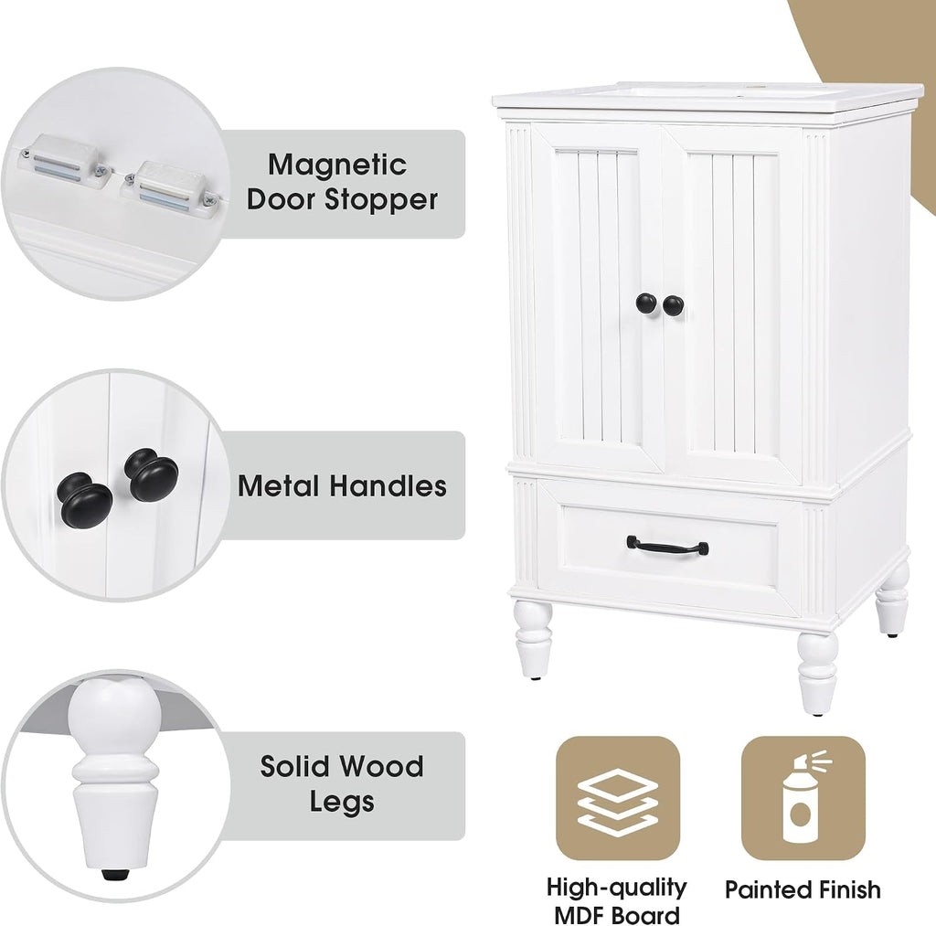 Bathroom Vanity with Sink, 20' Vanity Sink Cabinet with Ceramic Basin, 2 Doors and 1 Drawer, Free Standing Bathroom Storage Cabinet with Sink Combo Set, White