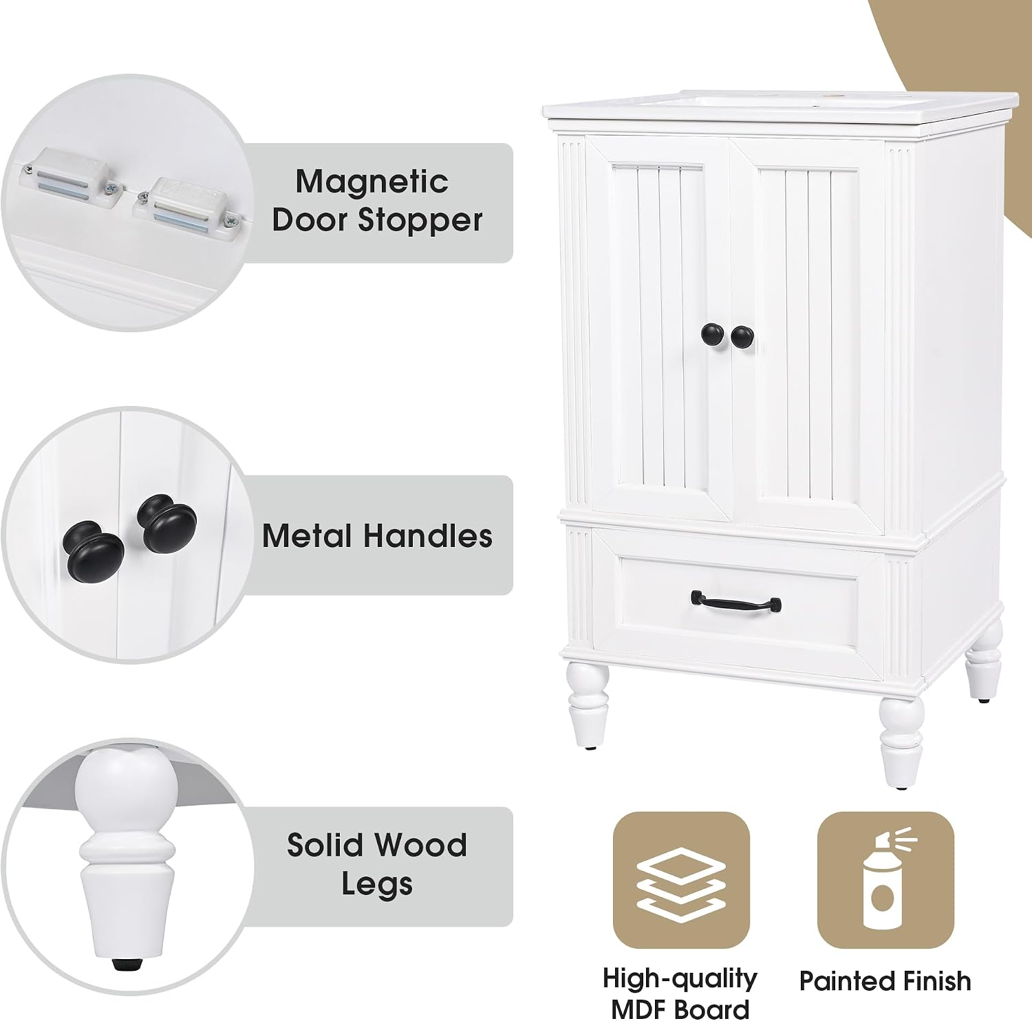 Bathroom Vanity with Sink, 20' Vanity Sink Cabinet with Ceramic Basin, 2 Doors and 1 Drawer, Free Standing Bathroom Storage Cabinet with Sink Combo Set, White