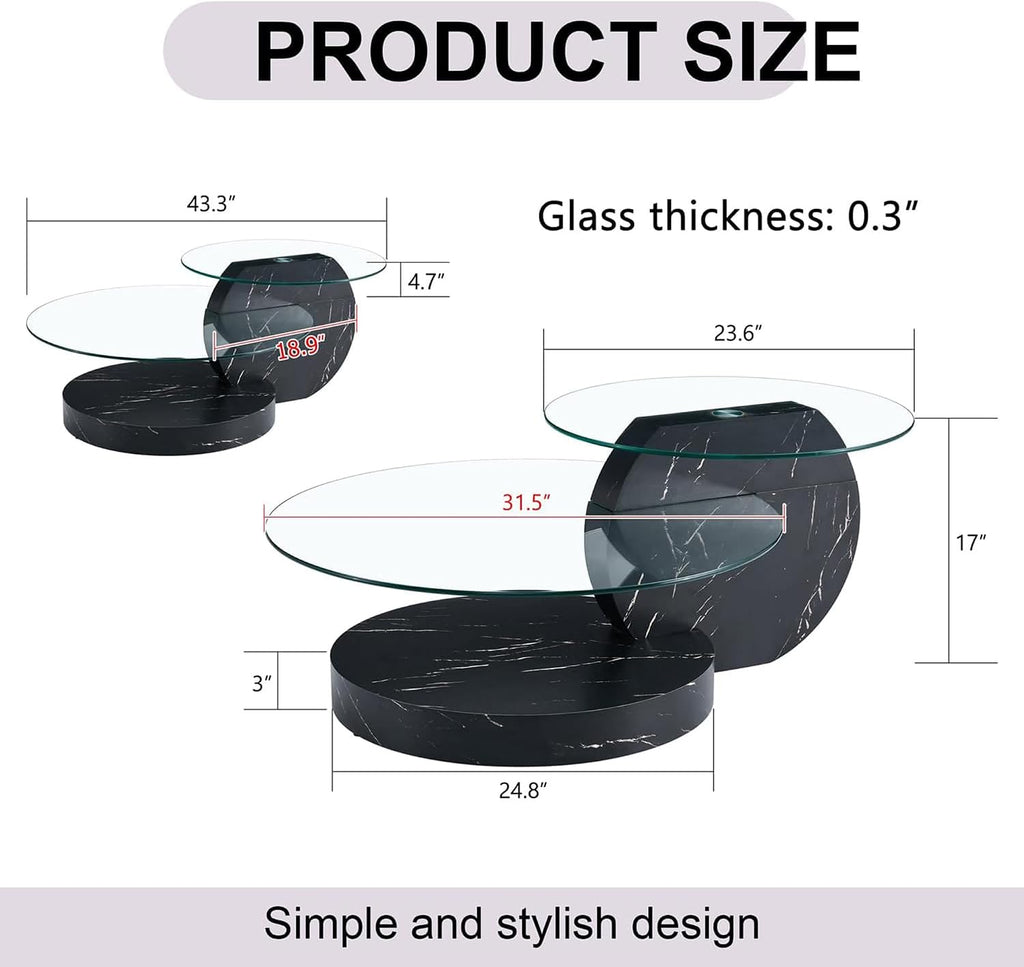 Glass Coffee Table, Modern Round Clear Coffee Tables for Living Room, 3-Tier Circle Tempered Coffee Table with Storage Wooden Side Table for Home Bedroom Balcony Yard (Black, Large)