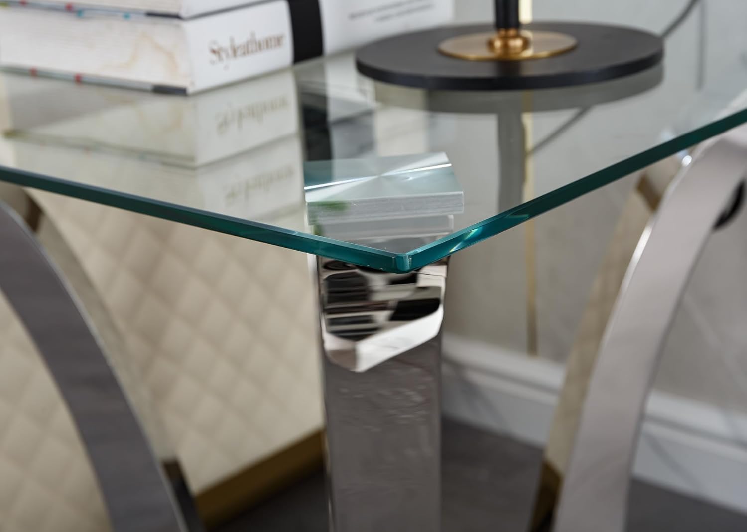 Modern Silver Glass End Table, Sqaure Sofa Side Table with Tempered Glass Top & Silver Stainless Steel Frame, Luxury Glass Accent End Table Bedside Table Nightstand for Living Room Bedroom