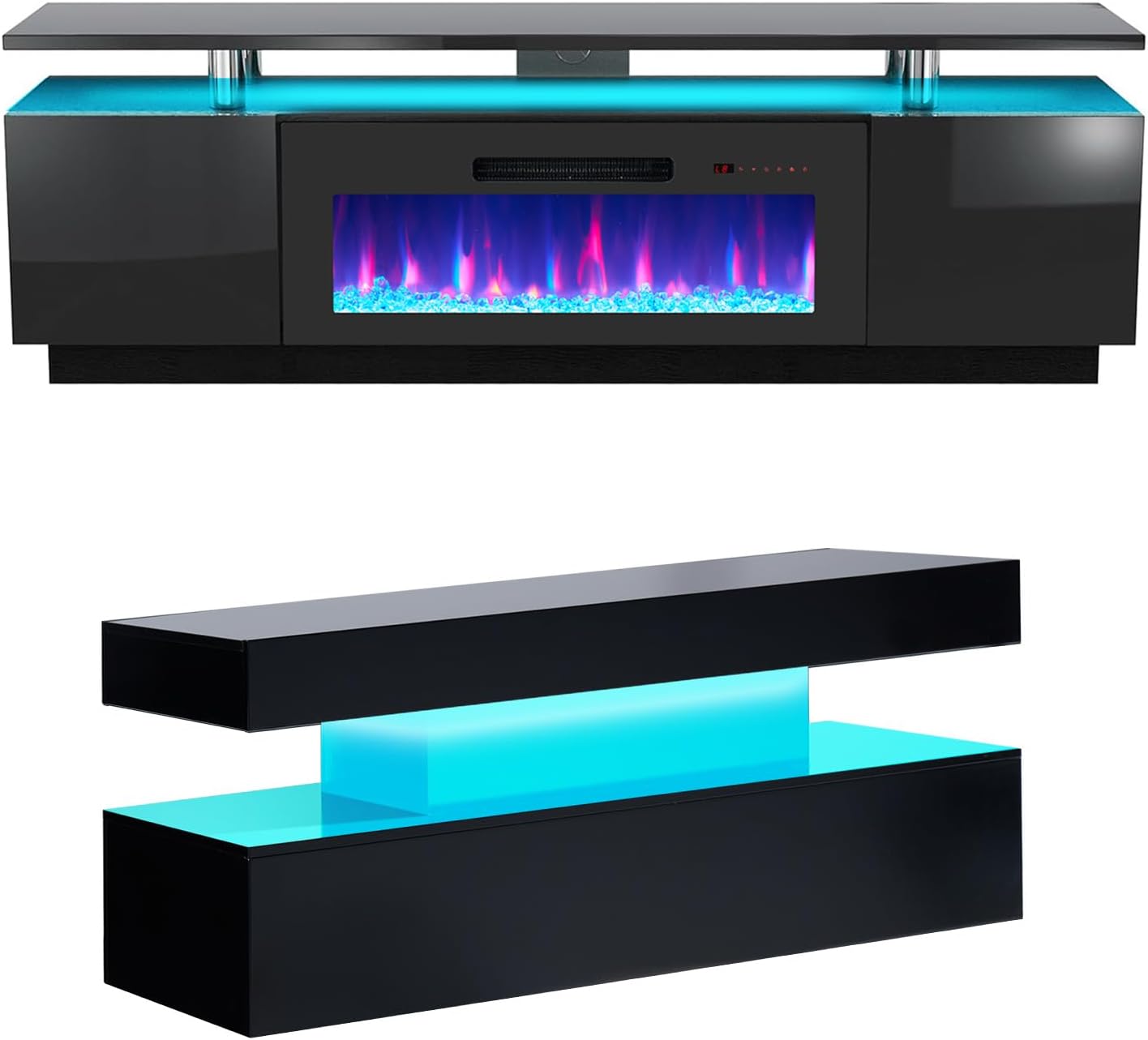 AMERLIFE 3 Piece Modern Living Room Table Set, Includes 70' High Gloss Fireplace TV Stand, 2-Tier Coffee Table, LED Lights Entertainment Center Set for Living Room, Black