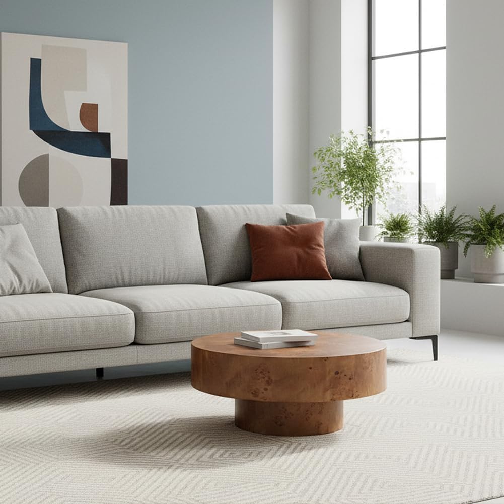 Burl Wood Coffee Table for Living Room Round Wood Coffee Table with Pedestal 31.49' Modern Circle Center Tables Accent Tables for Apartment, Easy Assembly, Brown