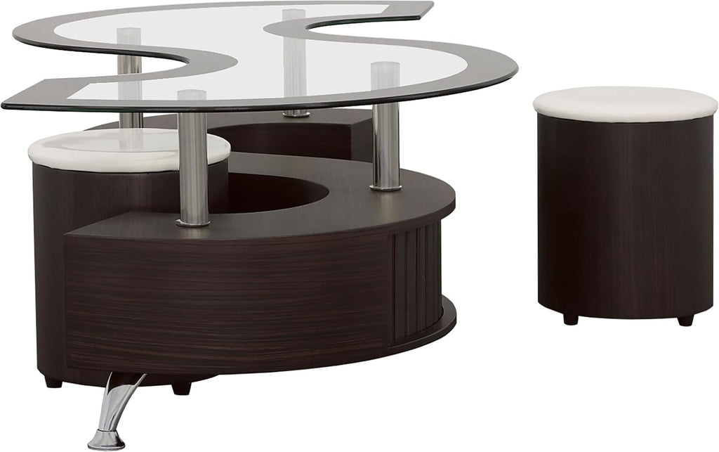 Coaster Home Furnishings - Buckley - Wood and Glass - 3-Piece Coffee Table and Stools Set - Serpentine Shape, Tempered Glass Top, Upholstered Stools - Living Room - 51-Inch - Cappuccino - 720218