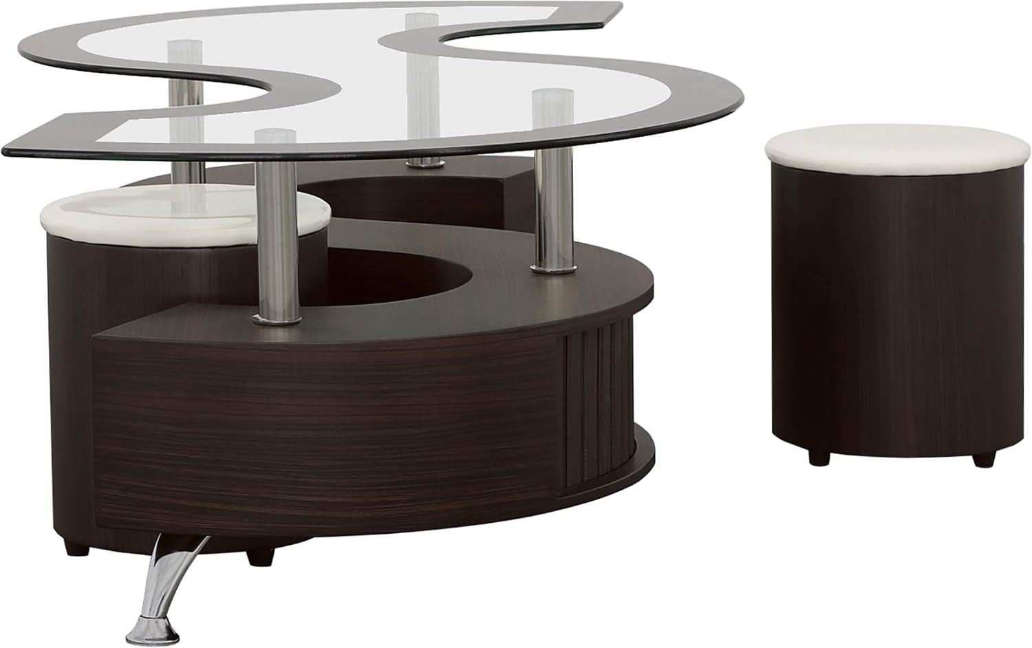 Coaster Home Furnishings - Buckley - Wood and Glass - 3-Piece Coffee Table and Stools Set - Serpentine Shape, Tempered Glass Top, Upholstered Stools - Living Room - 51-Inch - Cappuccino - 720218