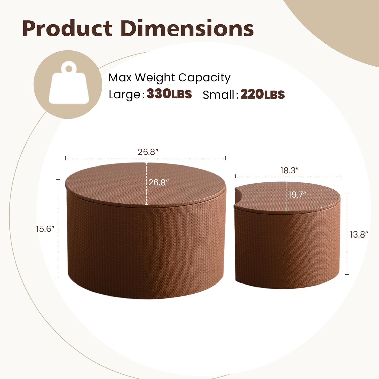WXFKLDJ Nesting Coffee Tables Set of 2 Leather Finish Round Coffee Tables with Storage Wood Frame Drum End Side Table for Small Space Living Room Bedroom No Assembly Needed (Brown with Storage)