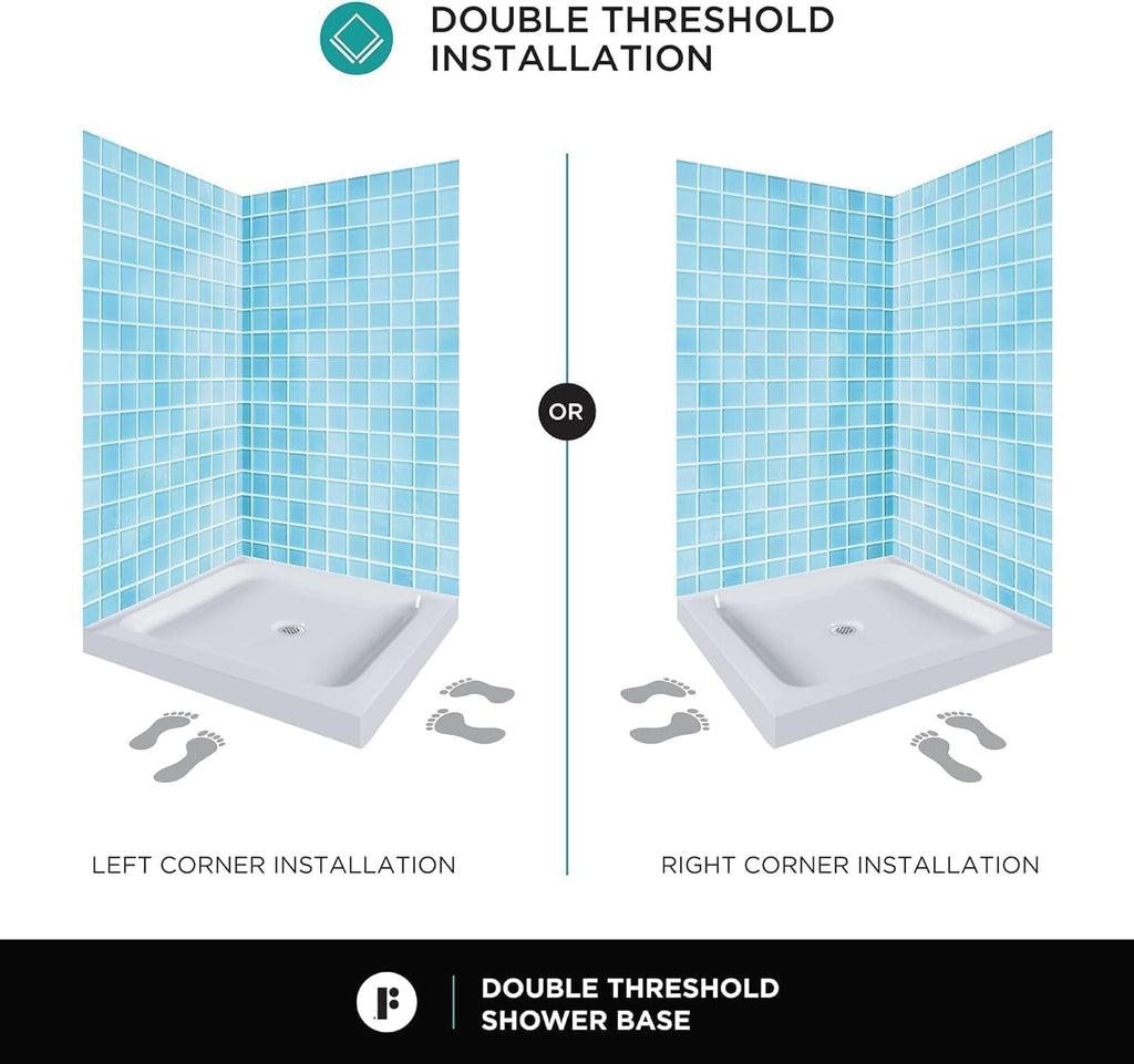 Fine Fixtures 42' x 30' Double Threshold Acrylic Shower Base with Non-Slip Textured Surface Left Hand Flange and Drain - Durable White Shower Floor Pan for Safe, Reliable Bathroom Use