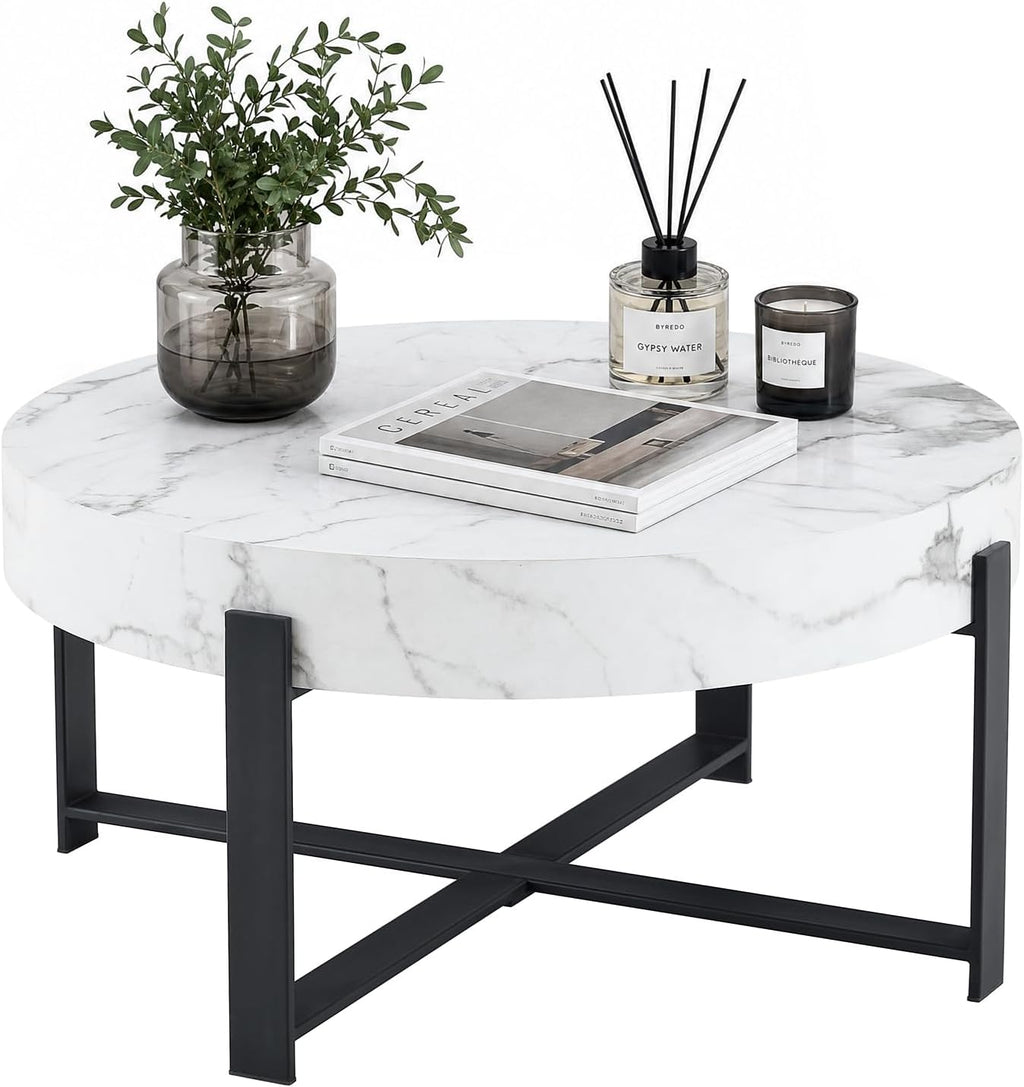 Round Coffee Table, Small Wood Coffee Table with Storage, Modern Wood Circle Table with Metal Frame, Round Accent Center Tables for Living Room Apartment Small Space