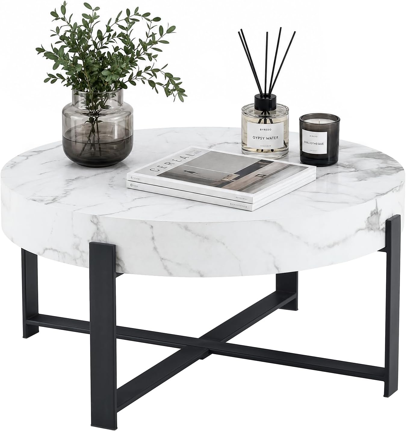 Round Coffee Table, Small Wood Coffee Table with Storage, Modern Wood Circle Table with Metal Frame, Round Accent Center Tables for Living Room Apartment Small Space